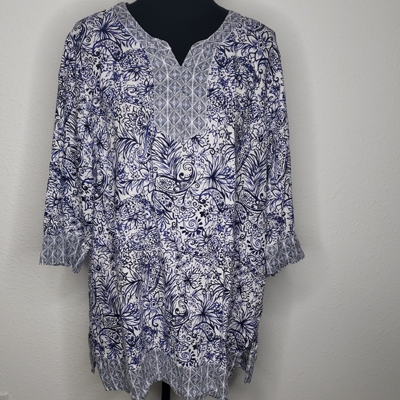 Sigrid Olsen Tops - Sigrid Olsen Women 100% Linen Floral Boho 3/4 Sleeves Tunic Top Size 1X Coastal